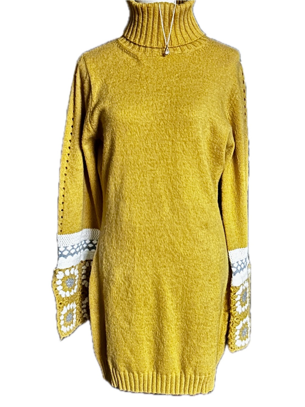 Lulus ~ Large ~ Mustard Yellow ~ Turtleneck Boho Sweater Dress W/ Crochet ~ New